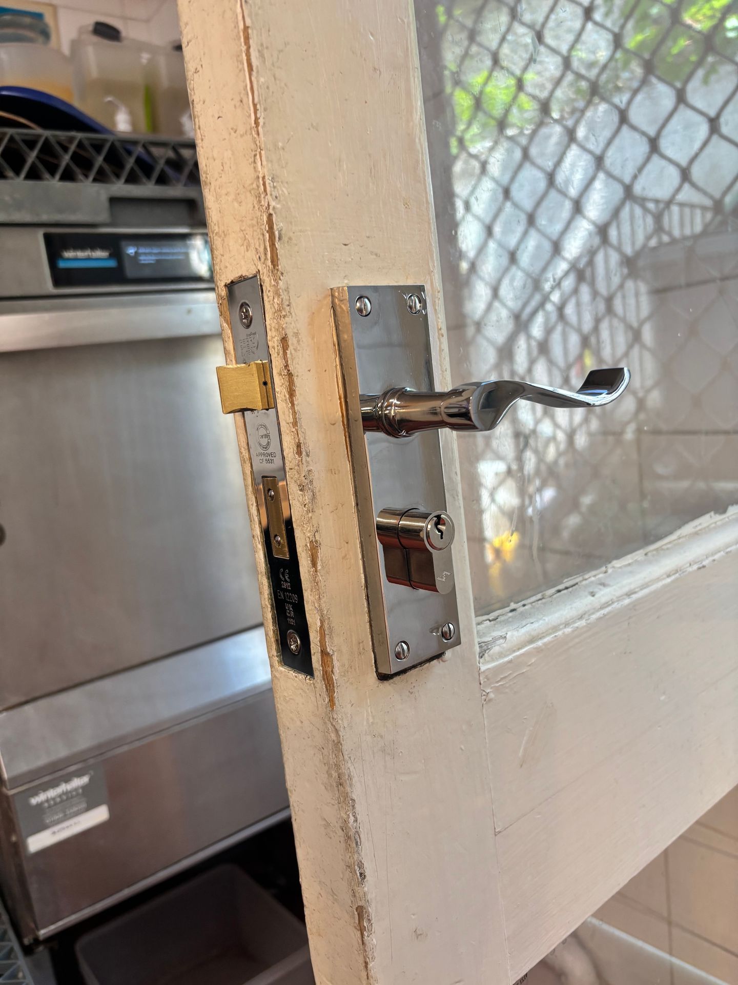 New Euro-style mortise lock with thumb turn fitted on back door in Elm.