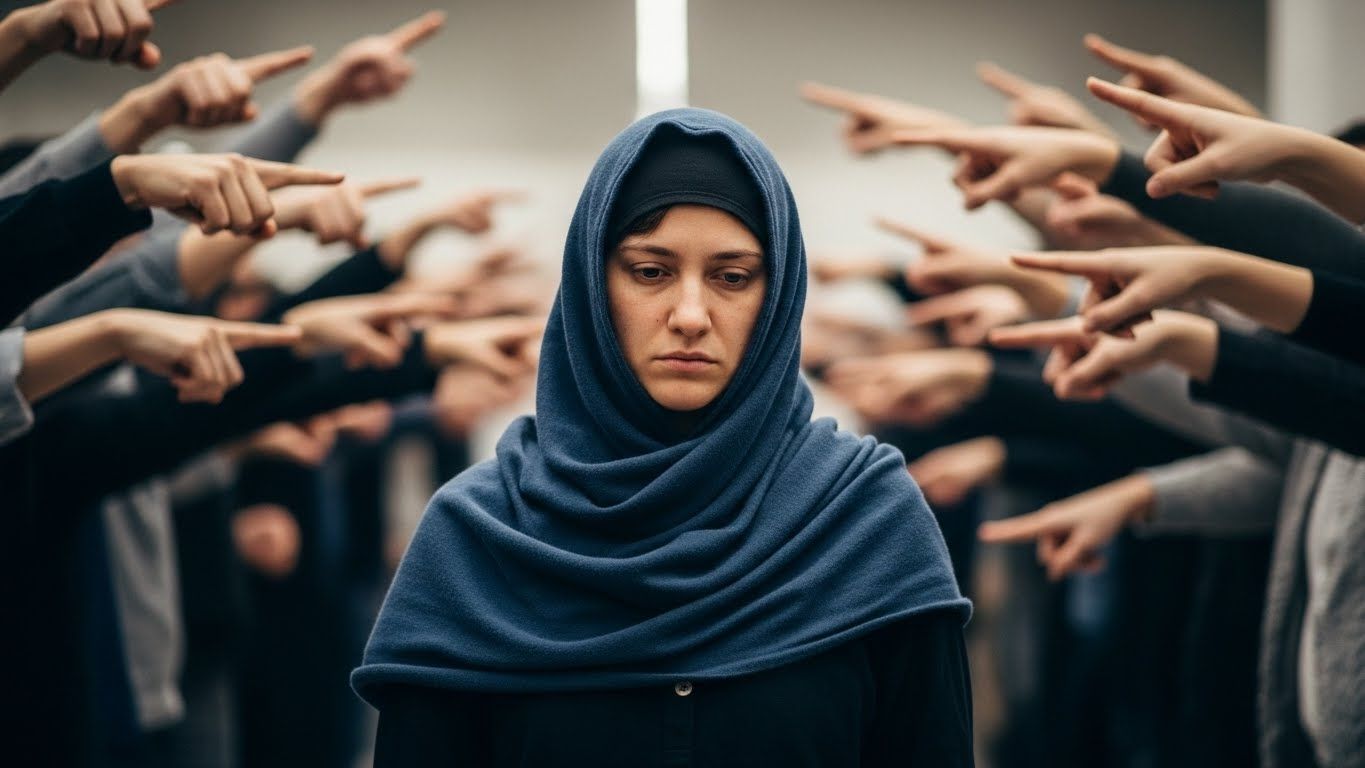 Mulher no centro enquanto várias mãos apontam para ela, representando pressão externa, julgamento constante e o peso de tentar agradar todo mundo ao mesmo tempo.
