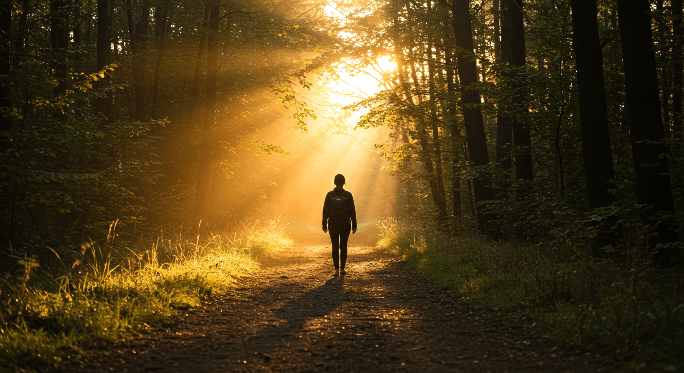 Pessoa caminhando sozinha em uma trilha de floresta ao amanhecer, com luz dourada entre as árvores, representando clareza e novos caminhos.