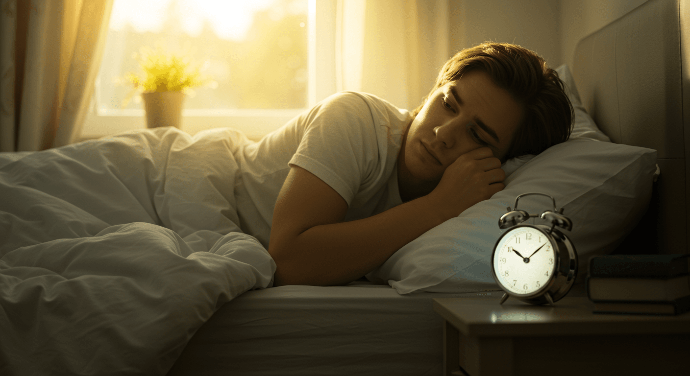 Homem deitado na cama ao amanhecer, olhando pensativo para o despertador ao lado, simbolizando a decisão diária entre disciplina e procrastinação.