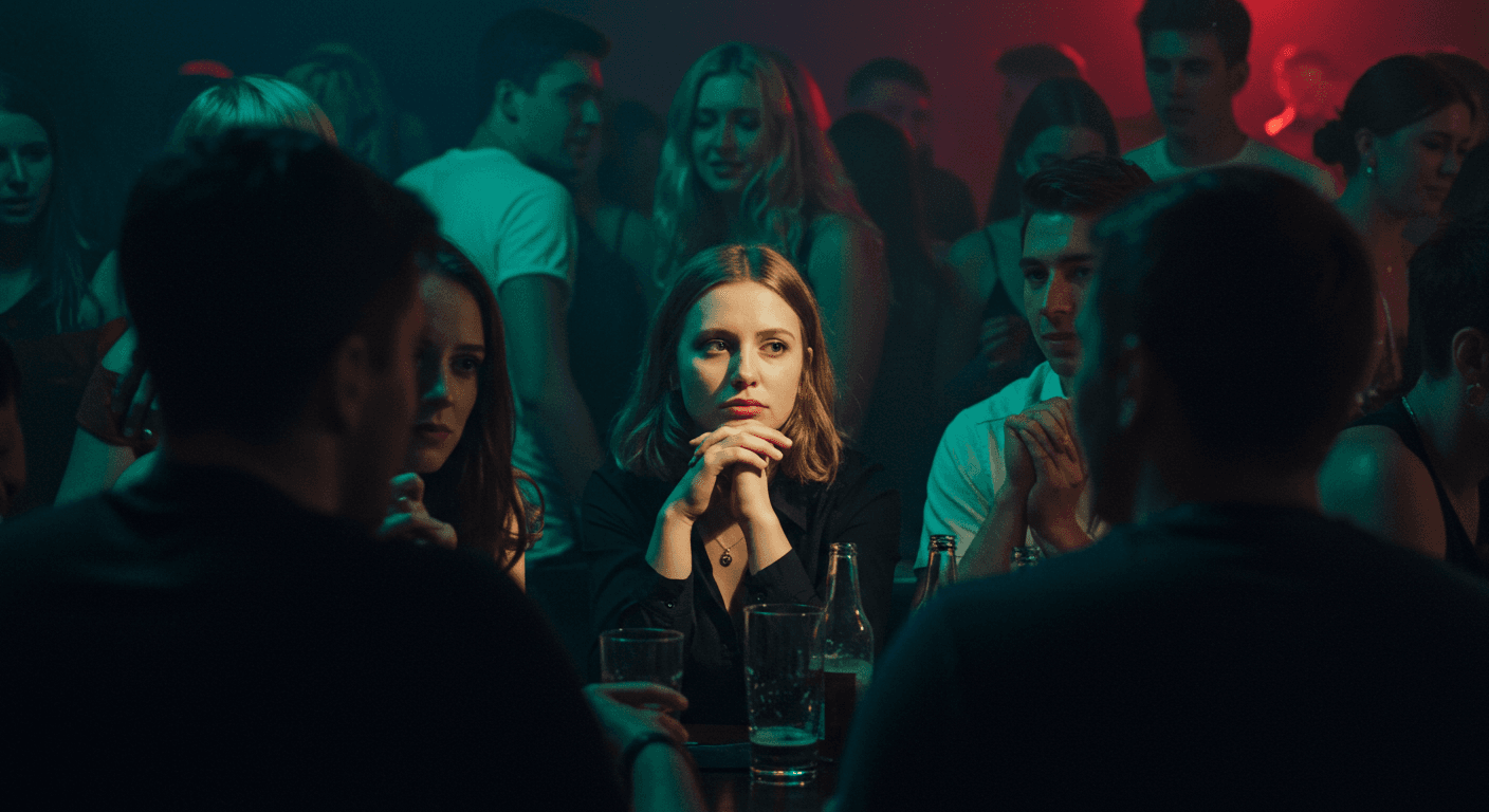 Mulher pensativa em meio a amigos em uma balada, olhando distante e reflexiva, simbolizando vazio por trás da diversão.
