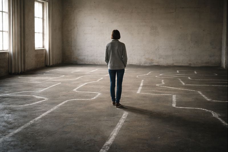 Mulher parada em um espaço amplo com caminhos desenhados no chão, simbolizando indecisão, bloqueios internos e a sensação de não saber qual direção seguir na vida.