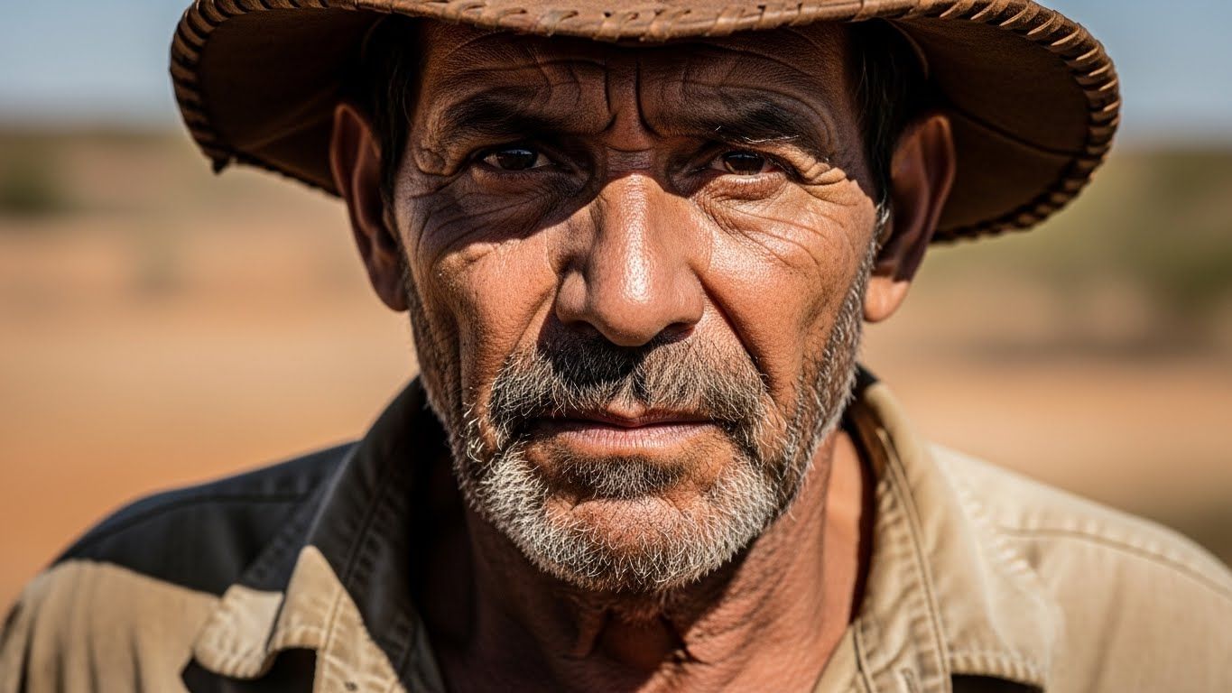 Retrato fechado de um homem sertanejo, pele marcada pelo sol, olhar firme e profundo, usando chapéu de couro, com o sertão desfocado ao fundo. Retrato fechado de um homem sertanejo, pele marcada pelo sol, olhar firme e profundo, usando chapéu de couro, com o sertão desfocado ao fundo.