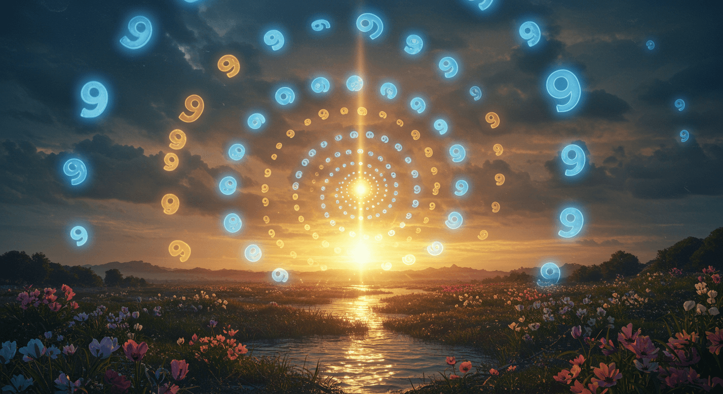 Números 9 azuis e dourados formam um espiral luminoso no céu ao entardecer sobre um campo florido, representando ciclos, transformação e renascimento.