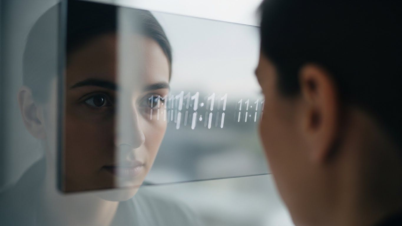 Mulher observa o próprio reflexo enquanto números repetidos aparecem no vidro, simbolizando sincronicidade, autopercepção e o impacto psicológico de perceber horas iguais.