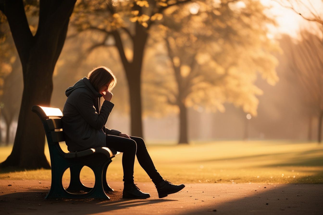 Pessoa sentada sozinha em um banco de parque ao entardecer, em reflexão profunda, com luz dourada filtrada pelas árvores. Pessoa sentada sozinha em um banco de parque ao entardecer, em reflexão profunda, com luz dourada filtrada pelas árvores.