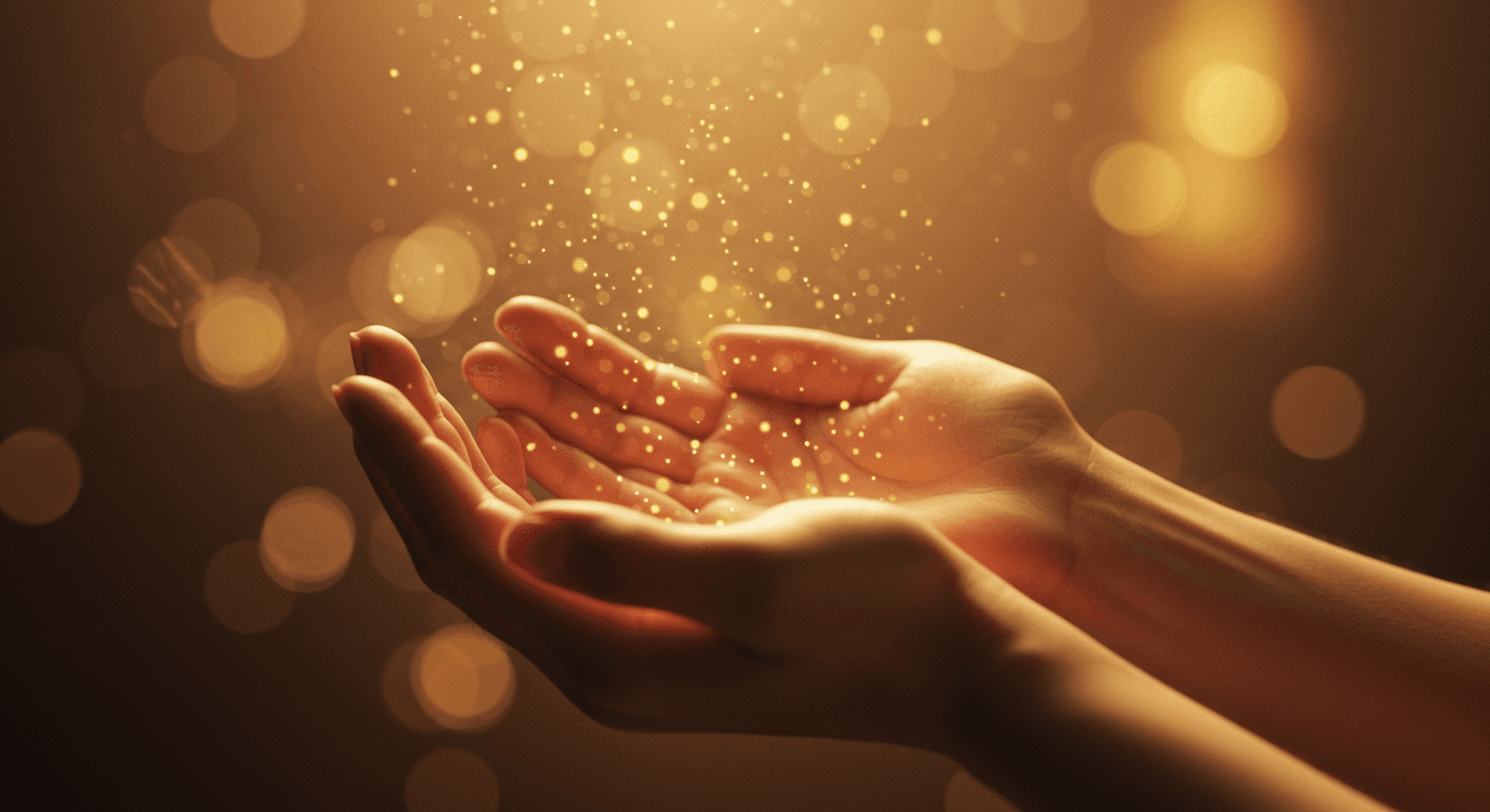 Mãos abertas recebendo partículas de luz dourada no ar, simbolizando abertura para receber e confiança no fluxo da vida. Mãos abertas recebendo partículas de luz dourada no ar, simbolizando abertura para receber e confiança no fluxo da vida.