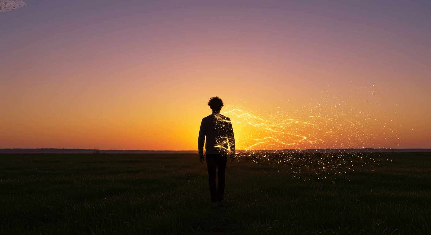 Pessoa caminhando em um campo ao pôr do sol, com fios dourados se desfazendo em luz atrás dela, simbolizando libertação.