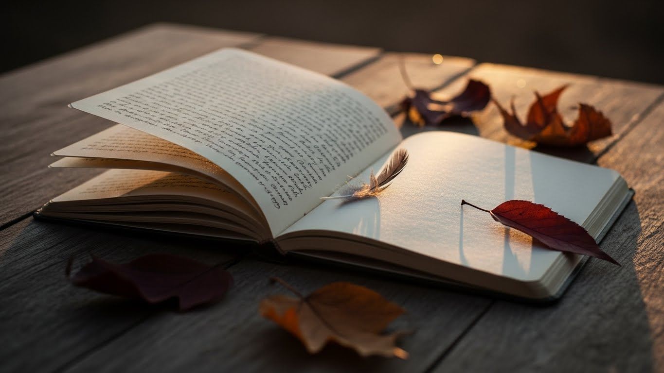 Livro aberto sobre uma mesa de madeira com folhas secas e luz dourada do entardecer, representando reflexão, revisão do passado e fechamento emocional de ciclos.