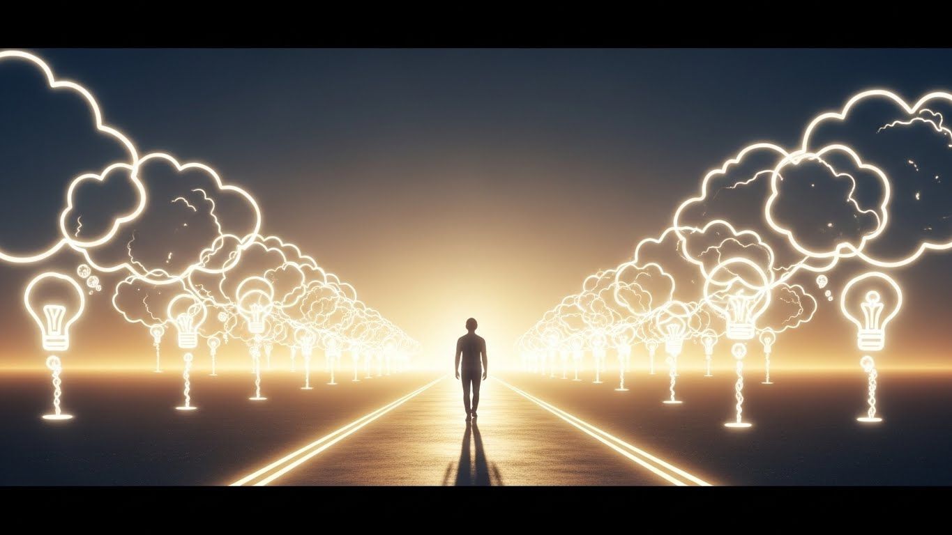 Pessoa caminhando em direção ao horizonte iluminado, cercada por símbolos de ideias e luz, representando alinhamento mental, direção interna e pensamento consciente.
