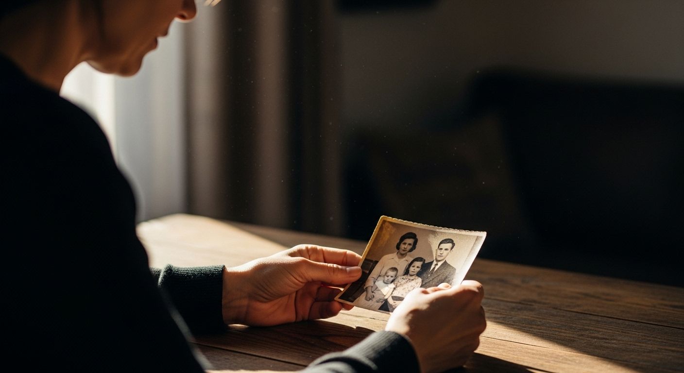 Mulher sentada à mesa de madeira segurando uma fotografia antiga de família, iluminada por luz suave da tarde, com foco nas mãos e na imagem antiga.