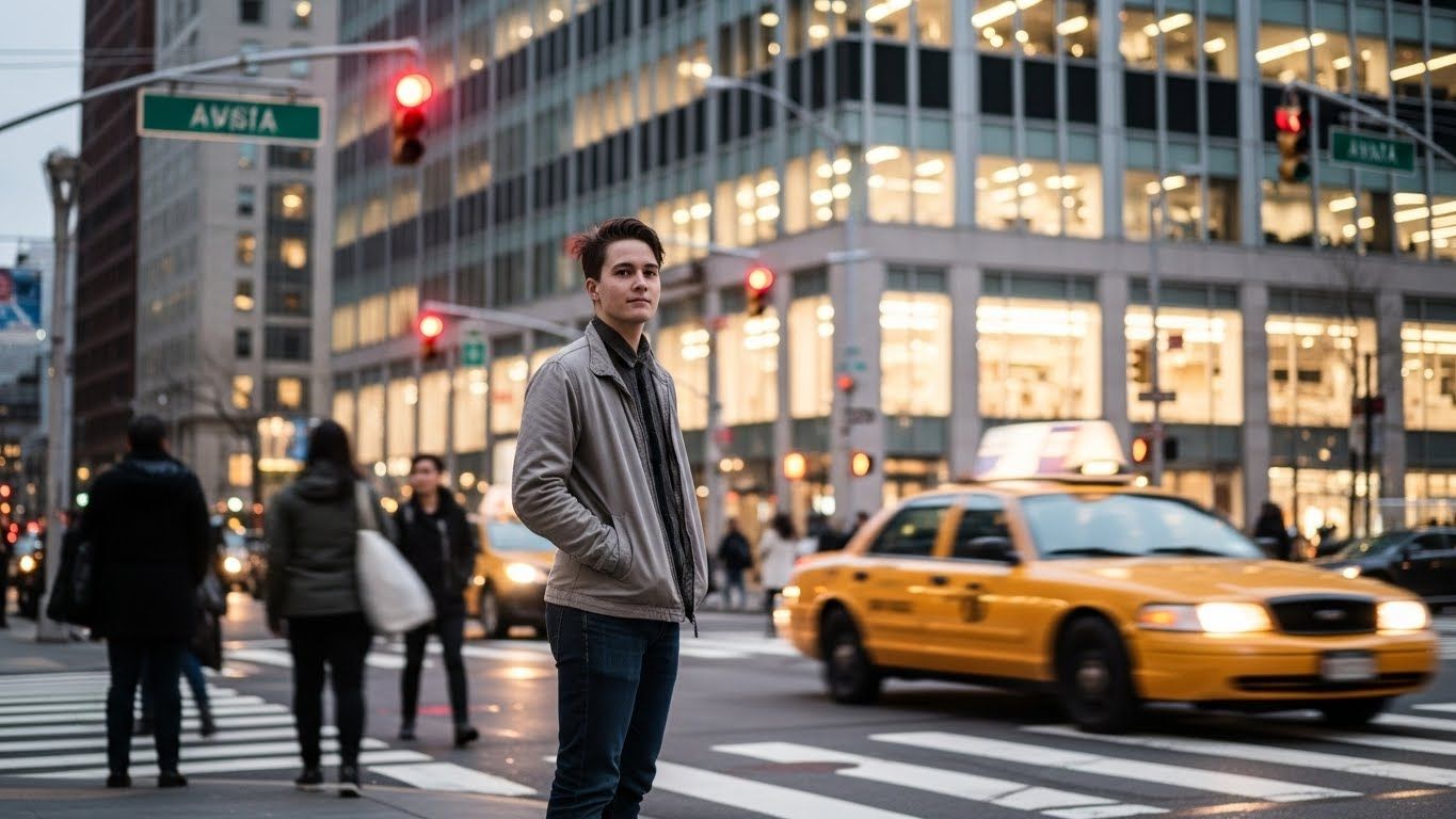 Homem parado no cruzamento de uma cidade movimentada, sugerindo pausa interna, atenção ao momento presente e a sensação de receber sinais em meio à rotina acelerada.