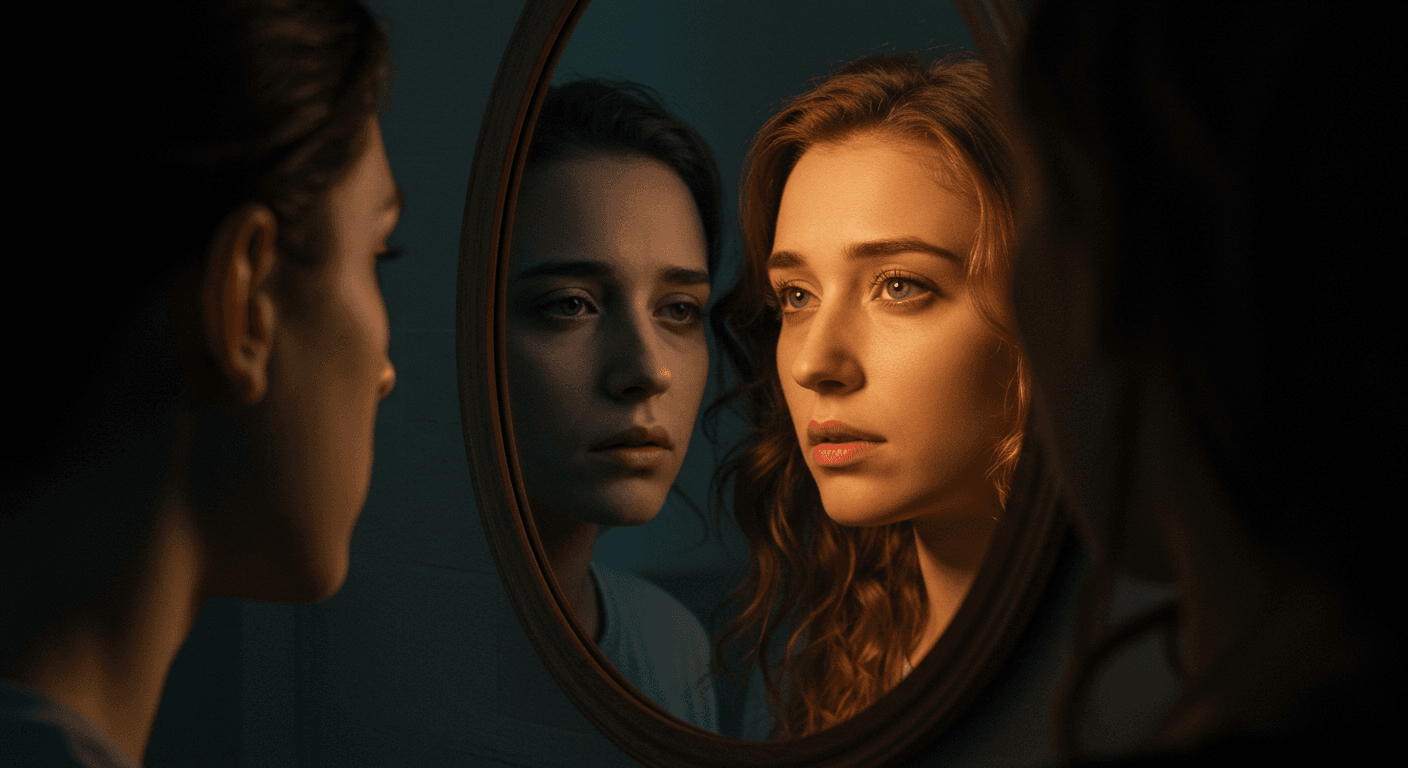 Mulher olhando para o próprio reflexo no espelho, mostrando duas versões de si mesma: uma cansada e outra confiante, divididas por luz e sombra. Mulher olhando para o próprio reflexo no espelho, mostrando duas versões de si mesma: uma cansada e outra confiante, divididas por luz e sombra.