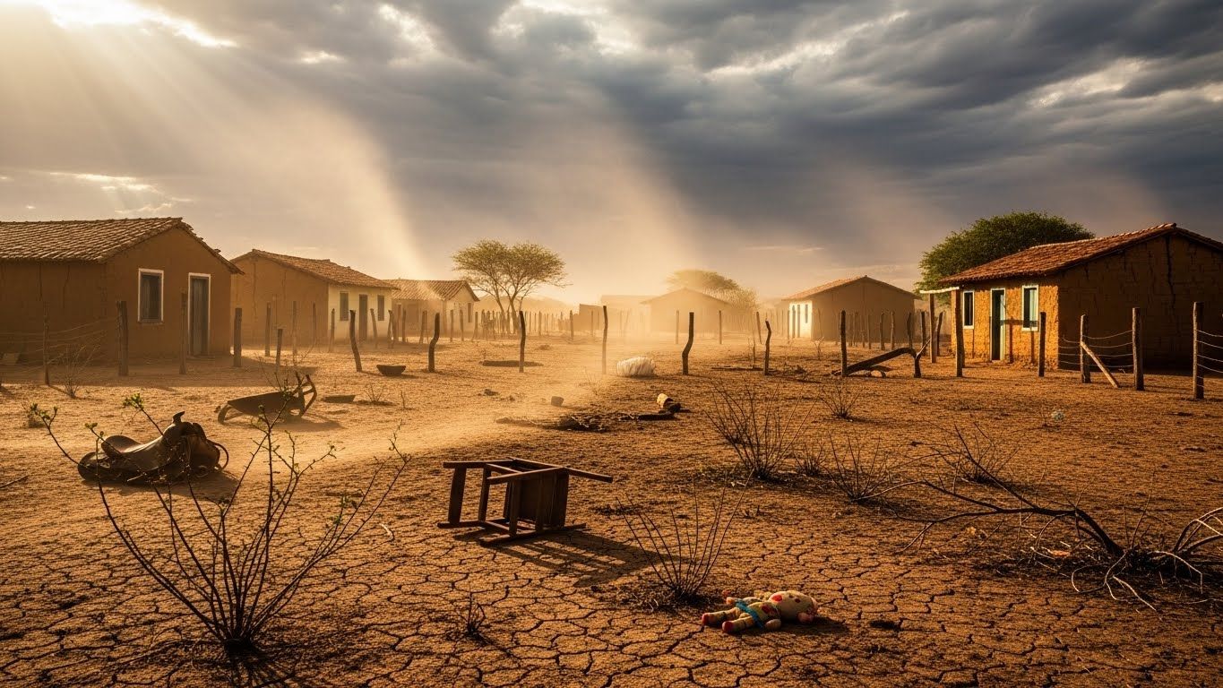 Vila simples no sertão após conflito, casas de barro, objetos espalhados no chão seco, céu dramático com raios de luz atravessando nuvens pesadas. Vila simples no sertão após conflito, casas de barro, objetos espalhados no chão seco, céu dramático com raios de luz atravessando nuvens pesadas.