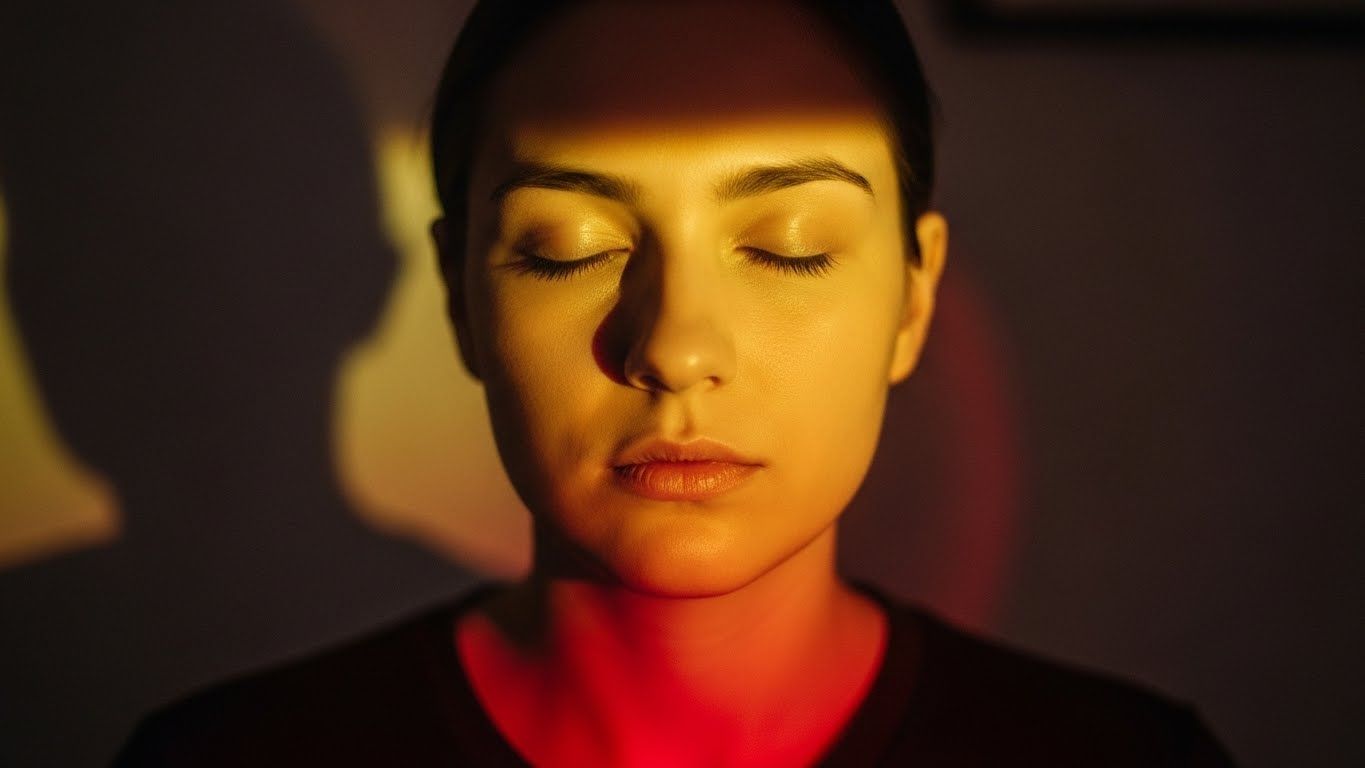 Rosto em close com olhos fechados, iluminado por tons quentes e vermelhos, representando a raiva sendo sentida com consciência, sem explosão ou repressão.