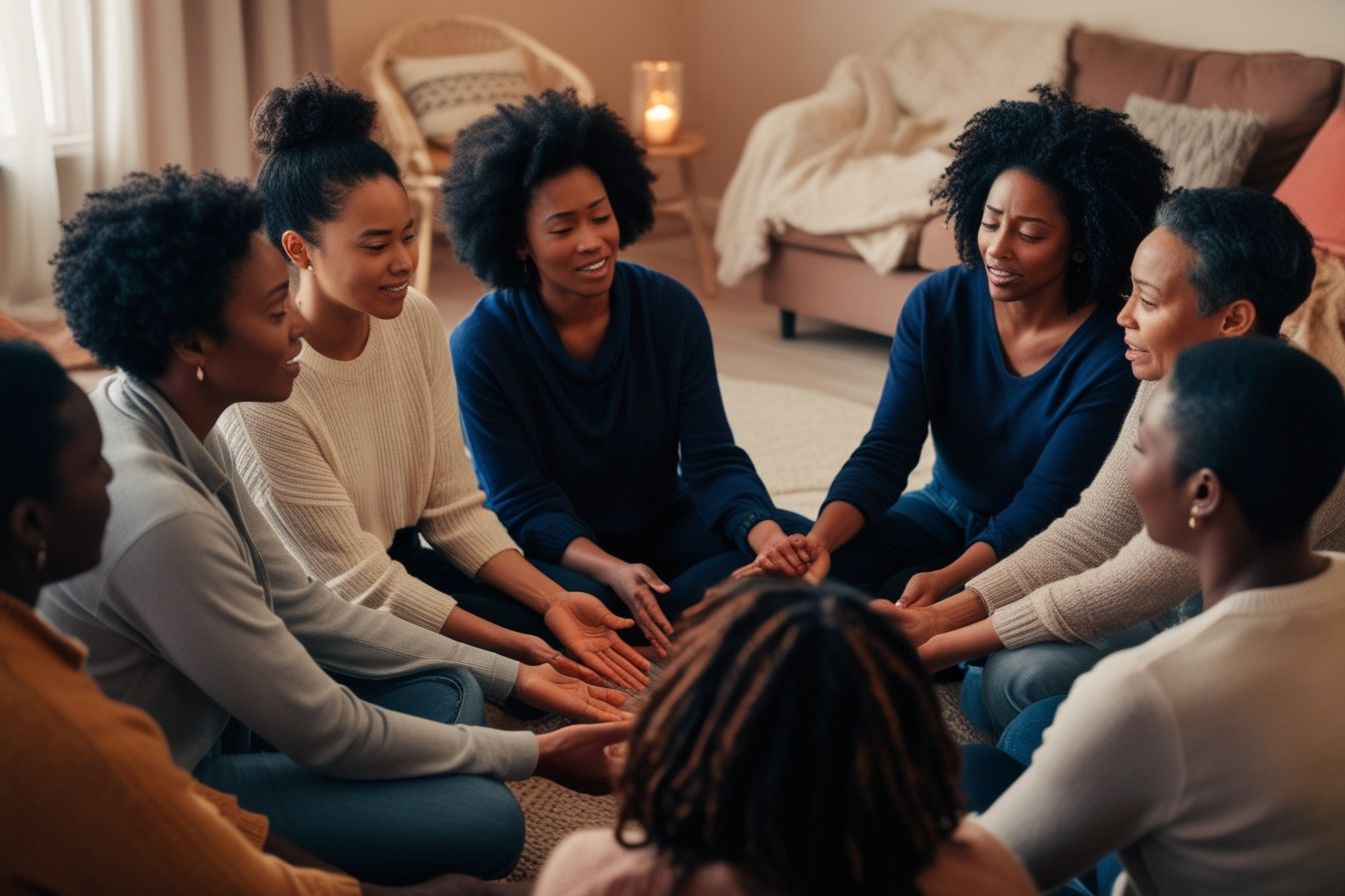 Grupo diverso de mulheres sentadas em círculo, de mãos dadas, compartilhando emoções em um ambiente acolhedor e íntimo. Grupo diverso de mulheres sentadas em círculo, de mãos dadas, compartilhando emoções em um ambiente acolhedor e íntimo.