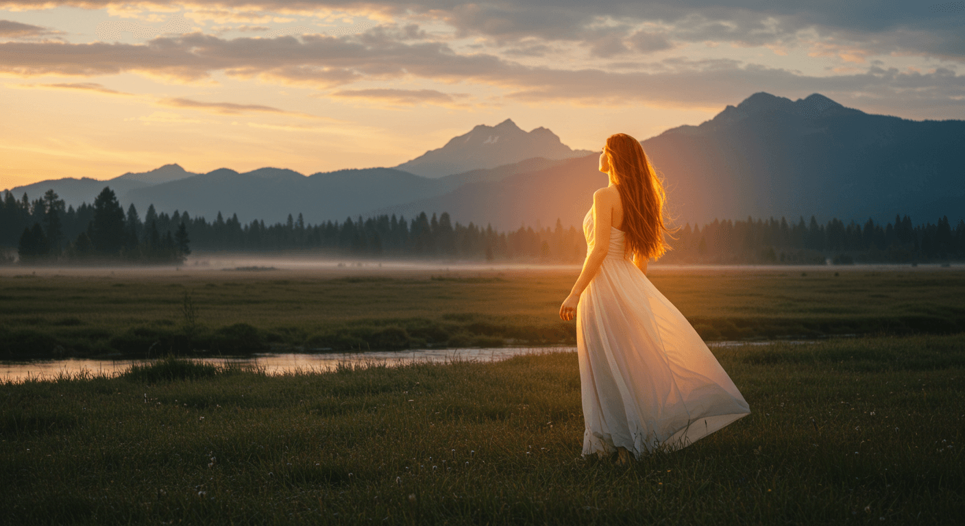 Mulher em vestido branco em campo aberto ao amanhecer, iluminada por uma luz suave na região do coração.