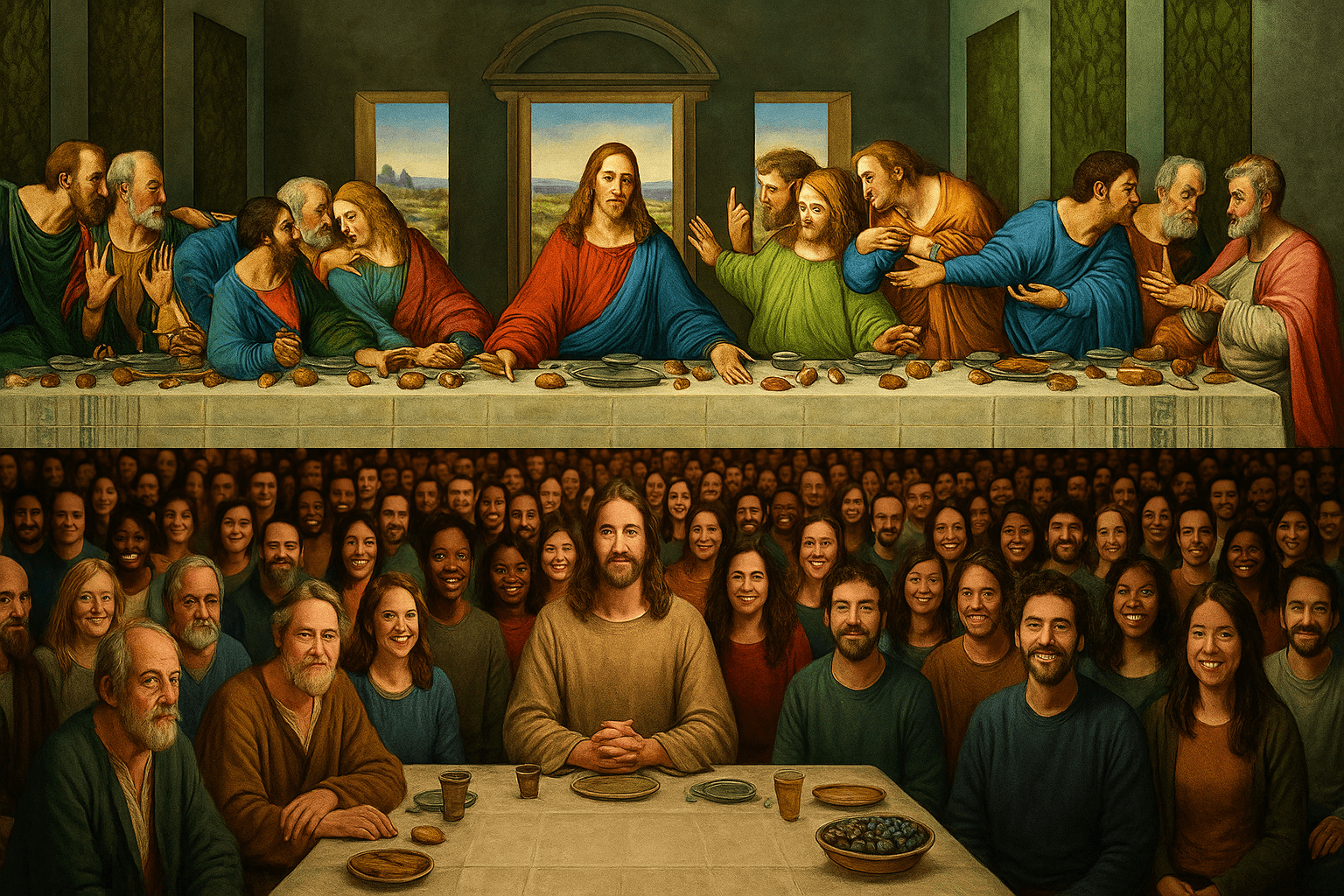 Montagem com a Última Ceia de Da Vinci acima e uma versão moderna abaixo com Jesus ao centro, cercado por uma multidão diversa e sorridente. Montagem com a Última Ceia de Da Vinci acima e uma versão moderna abaixo com Jesus ao centro, cercado por uma multidão diversa e sorridente.