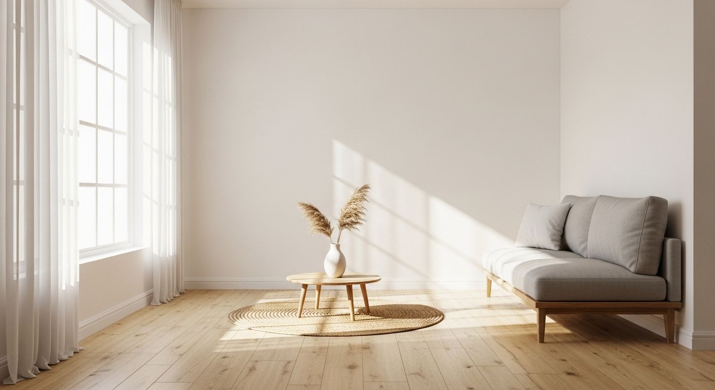 Sala minimalista com sofá claro, mesa de madeira e vaso decorativo, iluminada pela luz do sol que entra pela janela, criando sensação de espaço, leveza e renovação.
