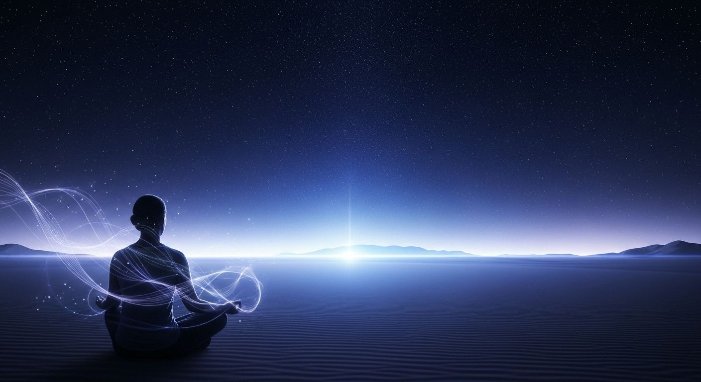 Pessoa meditando em um deserto sob o céu estrelado, envolta por energia luminosa azul, representando silêncio interior e realinhamento espiritual. Pessoa meditando em um deserto sob o céu estrelado, envolta por energia luminosa azul, representando silêncio interior e realinhamento espiritual.