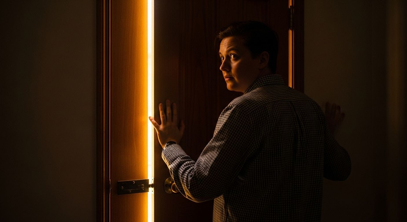 Mulher parada diante de uma porta entreaberta com luz dourada passando, representando resistência inconsciente e o medo de mudar. Mulher parada diante de uma porta entreaberta com luz dourada passando, representando resistência inconsciente e o medo de mudar.