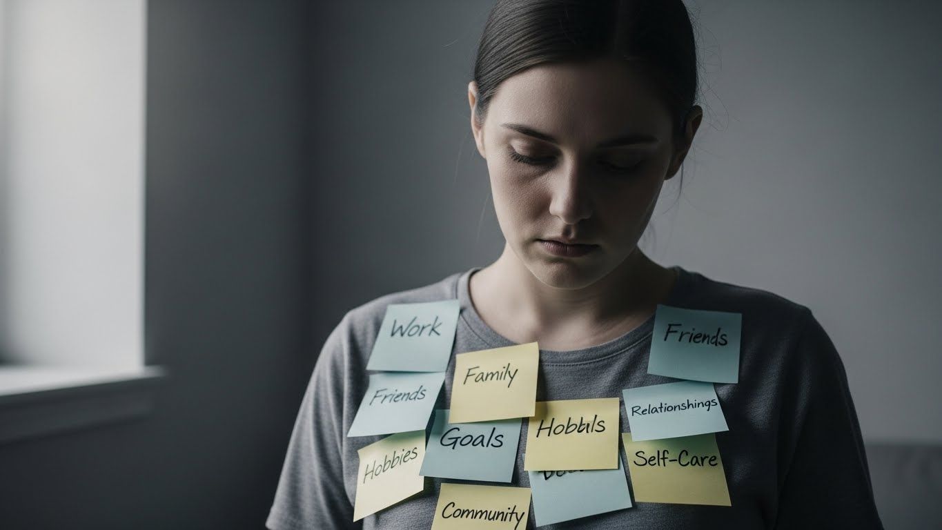 Mulher com post-its colados no corpo com palavras como trabalho, família e amigos, simbolizando sobrecarga emocional, excesso de expectativas e perda de prioridades pessoais.