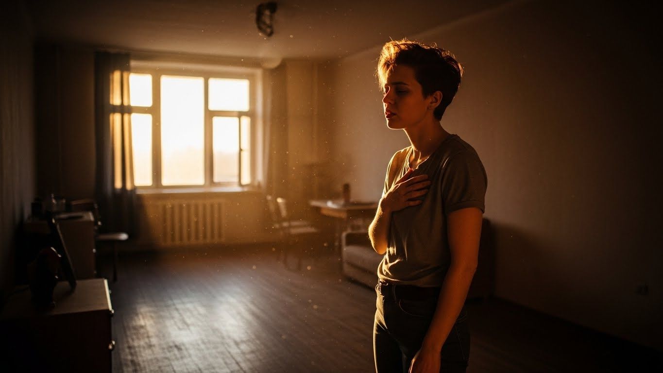 Pessoa em um cômodo vazio iluminado pelo pôr do sol, com a mão no peito e expressão emocionada, simbolizando um momento de colapso interno seguido de despertar.
