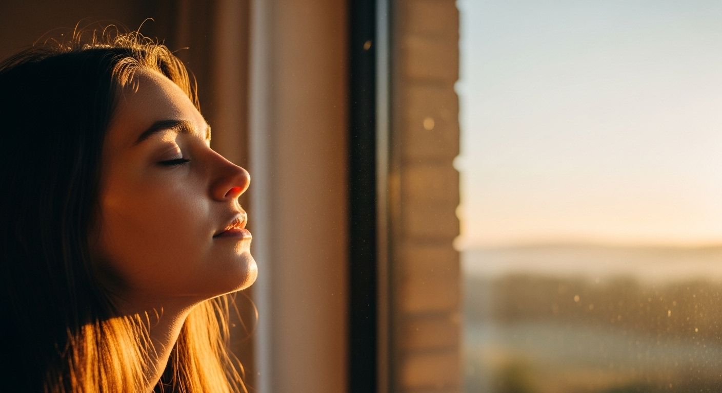 Mulher de olhos fechados ao lado de uma janela recebendo luz do amanhecer no rosto, em clima de calma e alinhamento energético.