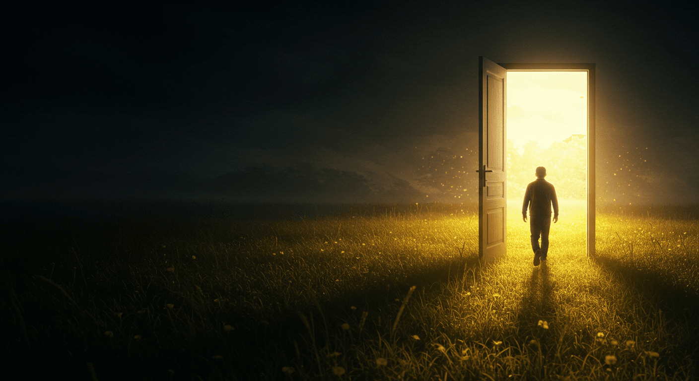 Pessoa atravessando uma porta para um campo iluminado pelo sol, deixando para trás um espaço escuro, simbolizando novos começos. Pessoa atravessando uma porta para um campo iluminado pelo sol, deixando para trás um espaço escuro, simbolizando novos começos.
