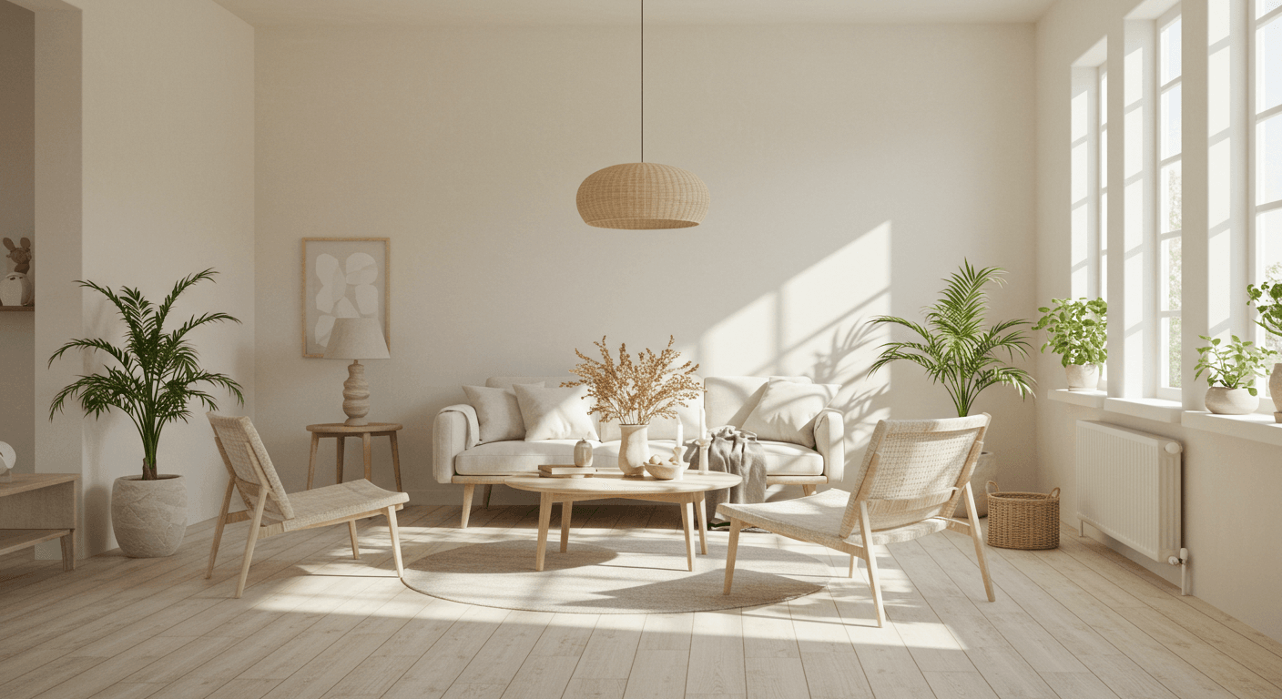 Sala de estar iluminada pela luz natural, decoração minimalista e plantas, transmitindo harmonia, equilíbrio e sensação de prosperidade.
