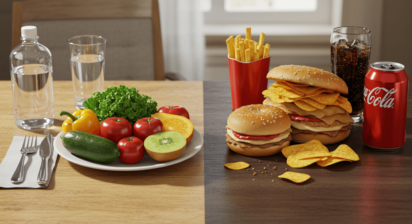 Mesa dividida entre prato saudável com frutas e legumes frescos e fast food com refrigerante, ilustrando a escolha entre hábitos que constroem ou destroem o futuro.