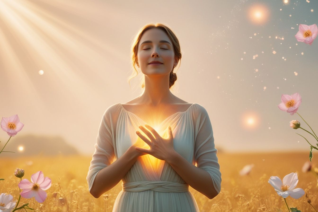 Mulher serena em campo dourado, com mãos sobre o coração irradiando luz. Atmosfera suave e flores ao redor, simbolizando cura emocional e autoconhecimento. Mulher serena em campo dourado, com mãos sobre o coração irradiando luz. Atmosfera suave e flores ao redor, simbolizando cura emocional e autoconhecimento.