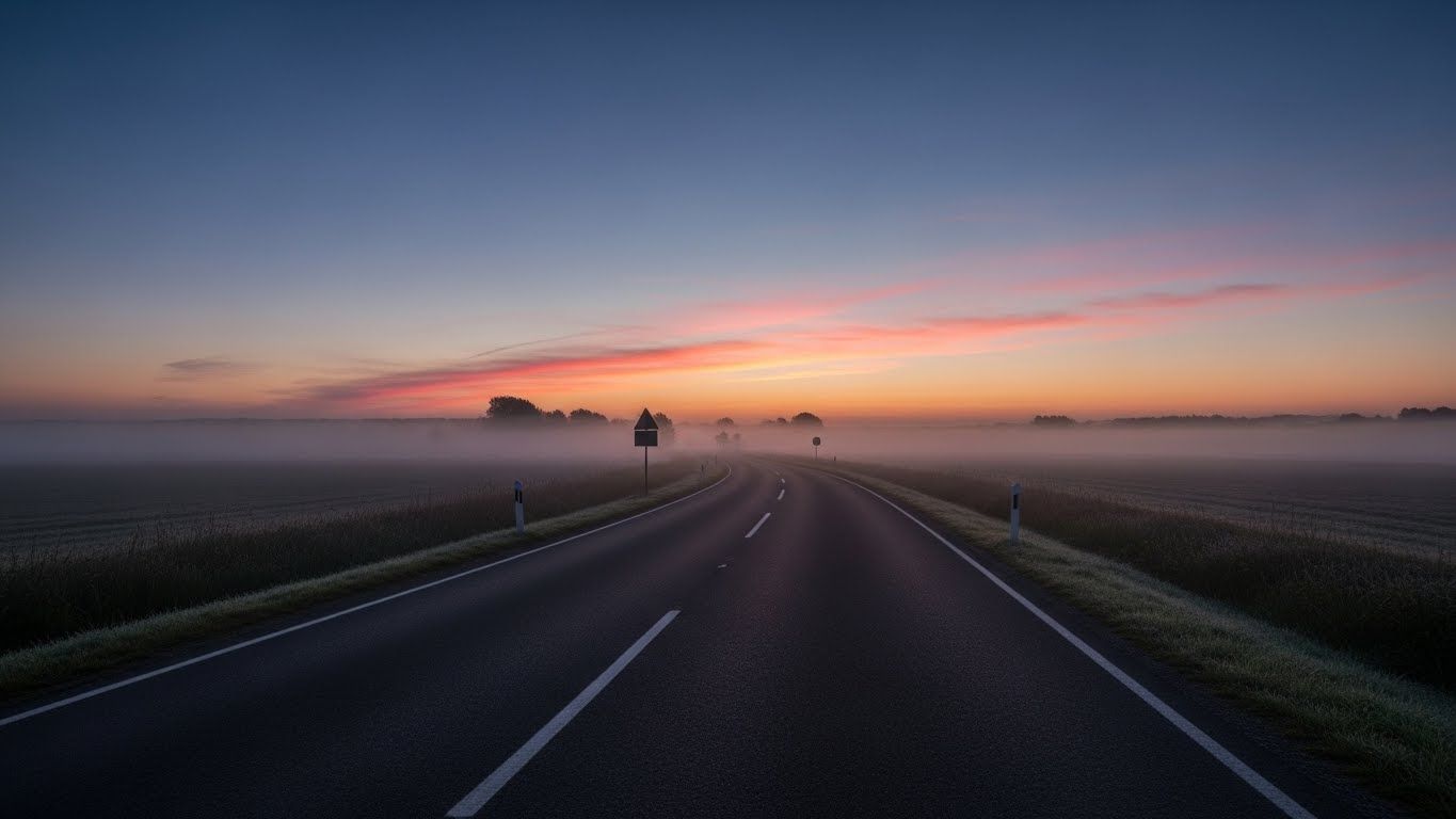 Estrada vazia ao amanhecer envolta por névoa leve, simbolizando transição, novos caminhos e a passagem energética entre ciclos.