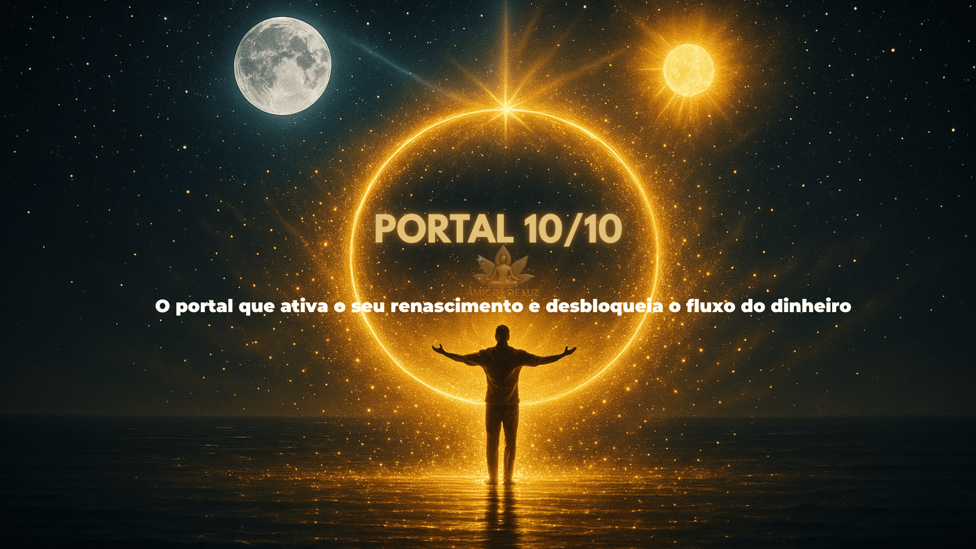 Pessoa diante de um portal dourado entre o Sol e a Lua, simbolizando o despertar espiritual, o renascimento e a liberação do fluxo do dinheiro no Portal 10/10.