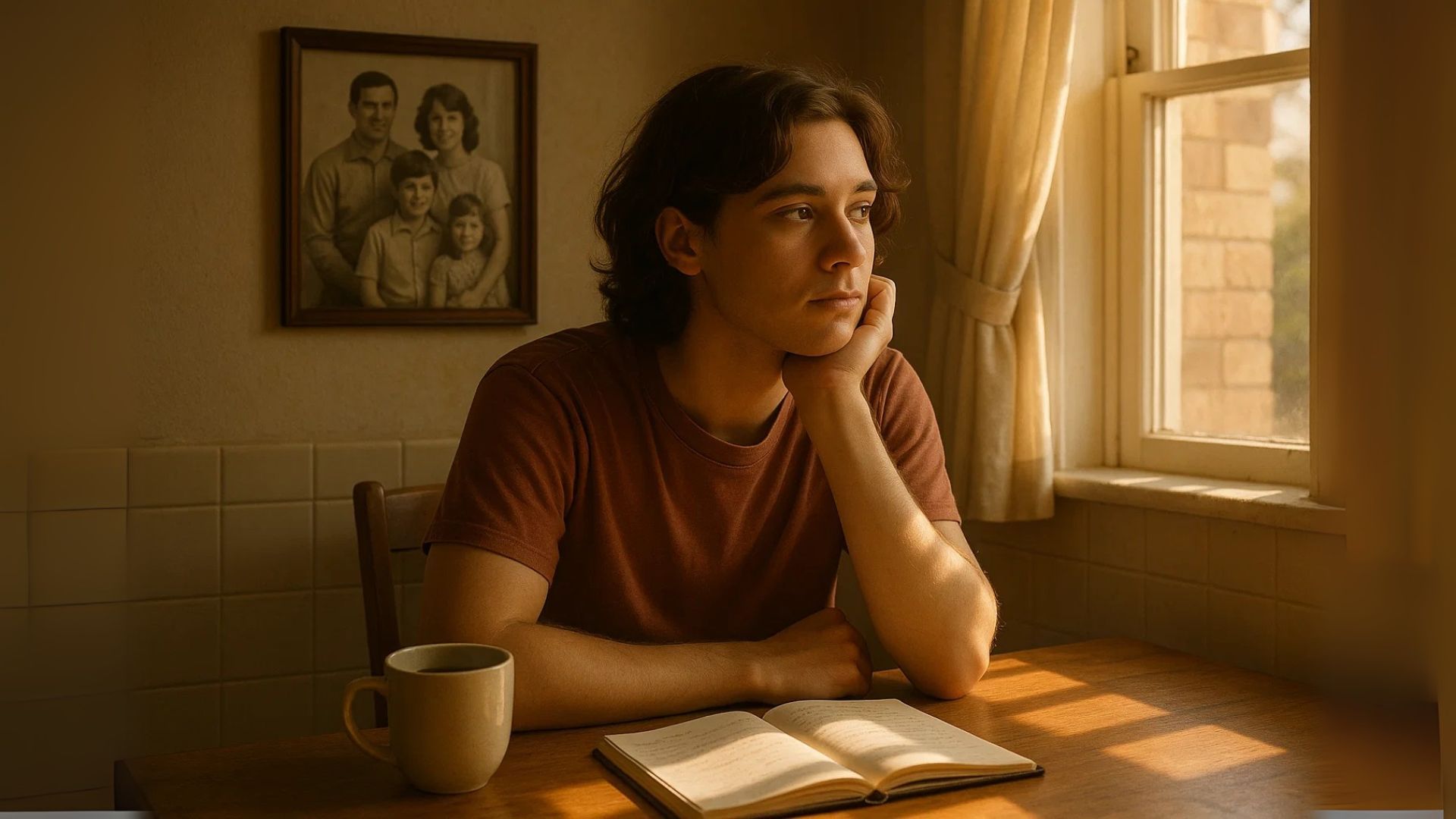 Jovem pensativo à mesa com luz suave entrando pela janela. Um retrato de família ao fundo reforça a conexão com o ambiente familiar.