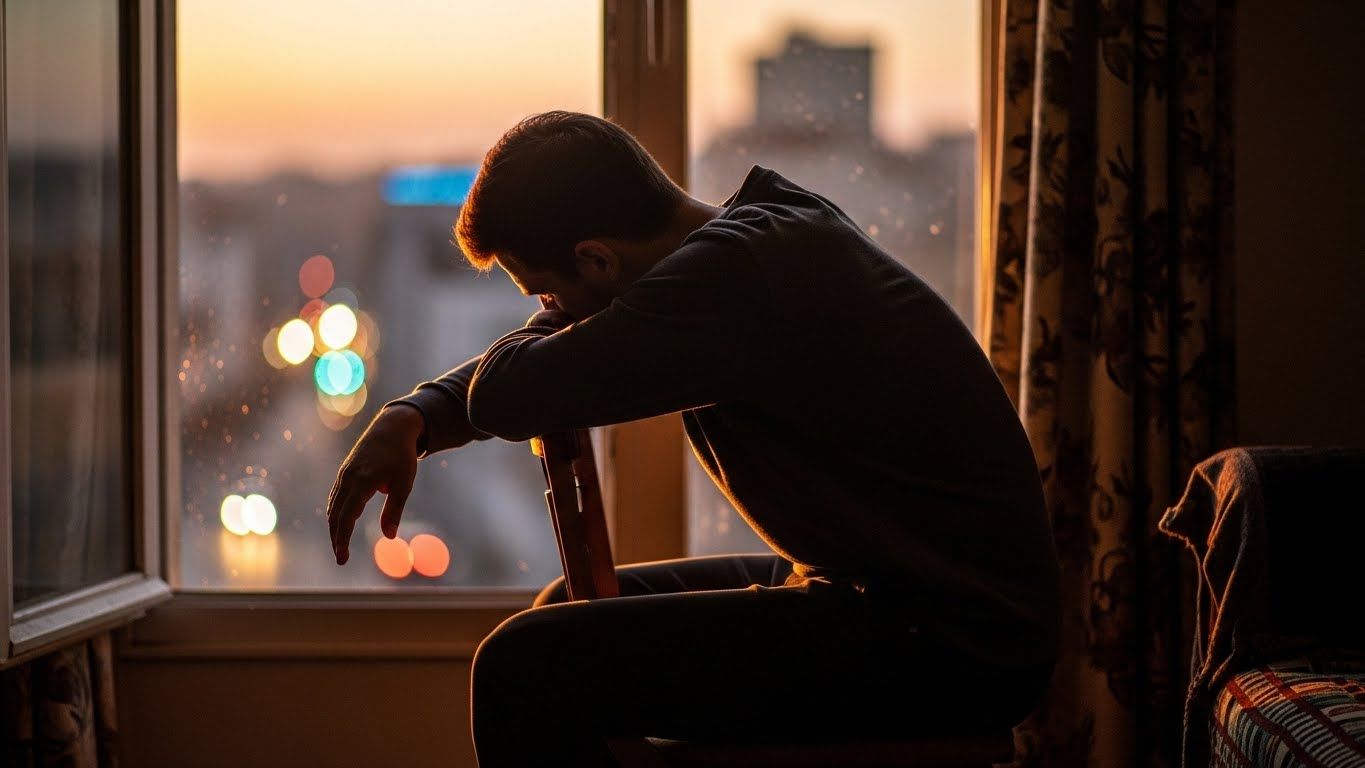 Homen sentado perto de uma janela ao entardecer, com a cabeça apoiada nos braços, observando a cidade ao fundo, simbolizando introspecção e reflexão de fim de ano.