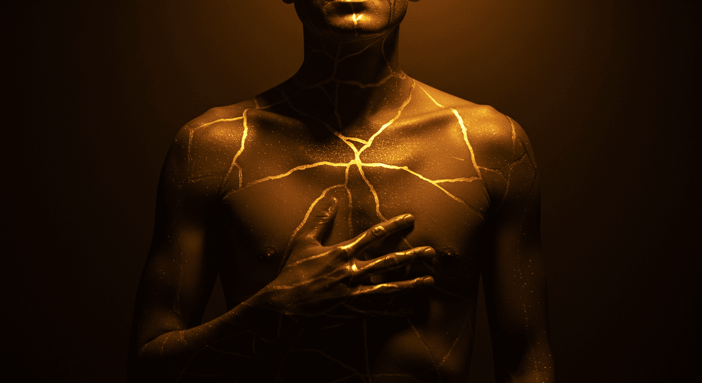 Corpo masculino com rachaduras iluminadas em dourado no peito e braços, simbolizando feridas transformadas em força.