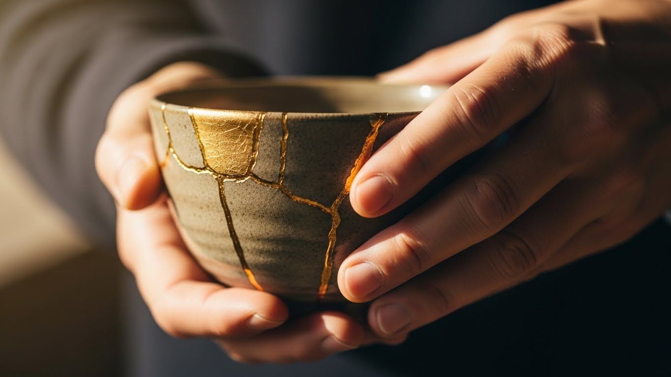 Mãos segurando uma tigela de cerâmica restaurada com kintsugi dourado, representando cura após rupturas emocionais e a beleza de se reconstruir.