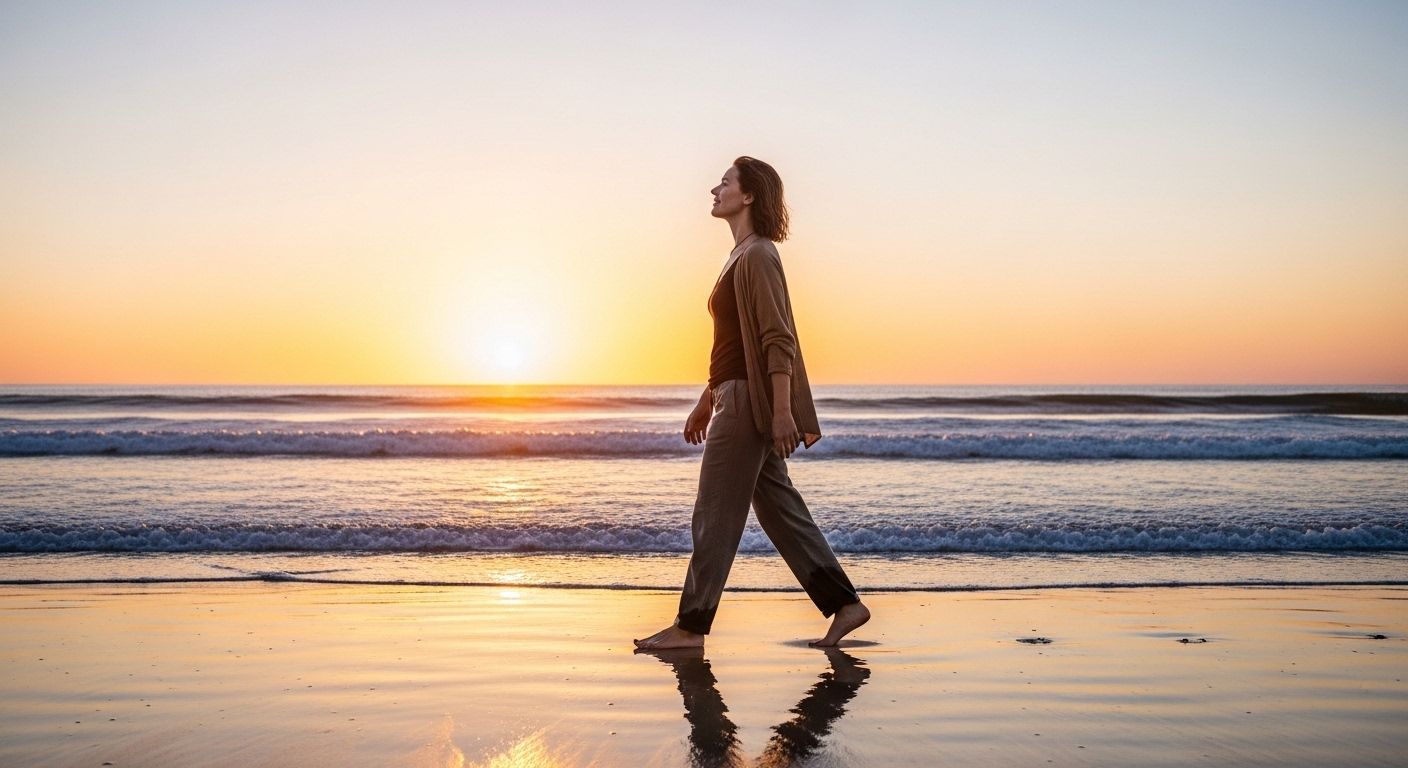 Mulher caminhando sozinha na praia ao nascer do sol, com o mar calmo ao fundo e luz dourada refletindo na areia molhada, transmitindo sensação de liberdade e recomeço.