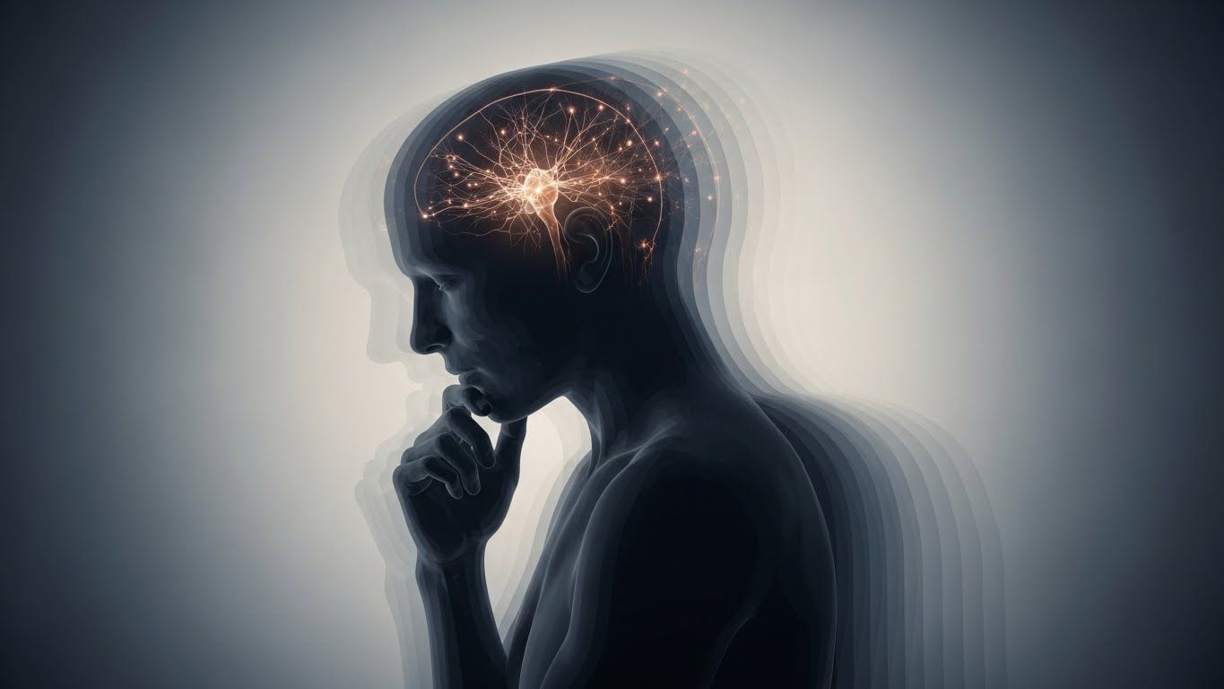 Silhueta humana com múltiplas camadas e atividade cerebral iluminada, representando sobrecarga mental, repetição de padrões e o cérebro preso em ciclos de pensamento.