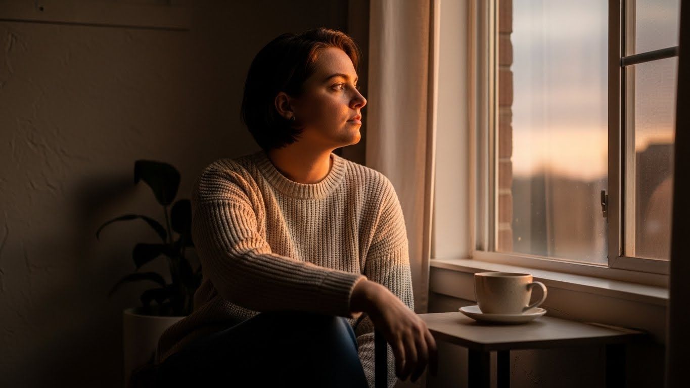 Mulher sentada próxima a uma janela ao entardecer, olhando para fora em silêncio, com luz suave criando clima de introspecção e recolhimento interno.