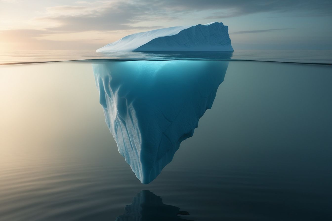 Iceberg flutuando no mar calmo, com grande parte submersa, representando a mente inconsciente que influencia 95% do comportamento humano. Iceberg flutuando no mar calmo, com grande parte submersa, representando a mente inconsciente que influencia 95% do comportamento humano.