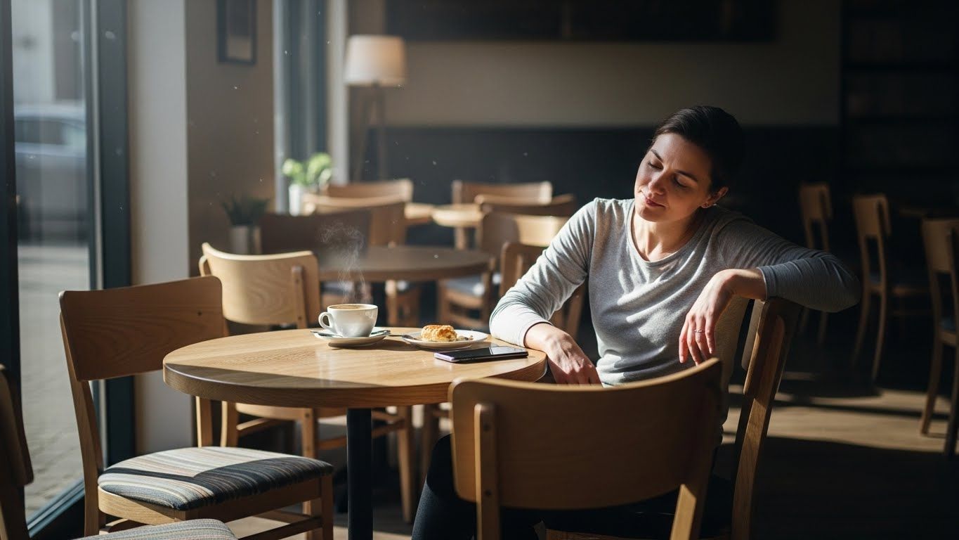 Mulher sentada sozinha em um café, com expressão cansada, mostrando o esgotamento emocional causado por viver em função das expectativas alheias.
