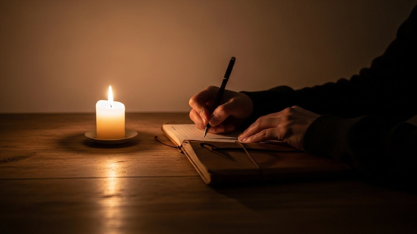 Mãos escrevendo em um caderno sobre uma mesa de madeira iluminada por uma vela acesa, representando reflexão sobre o ano que passou e organização de pensamentos.
