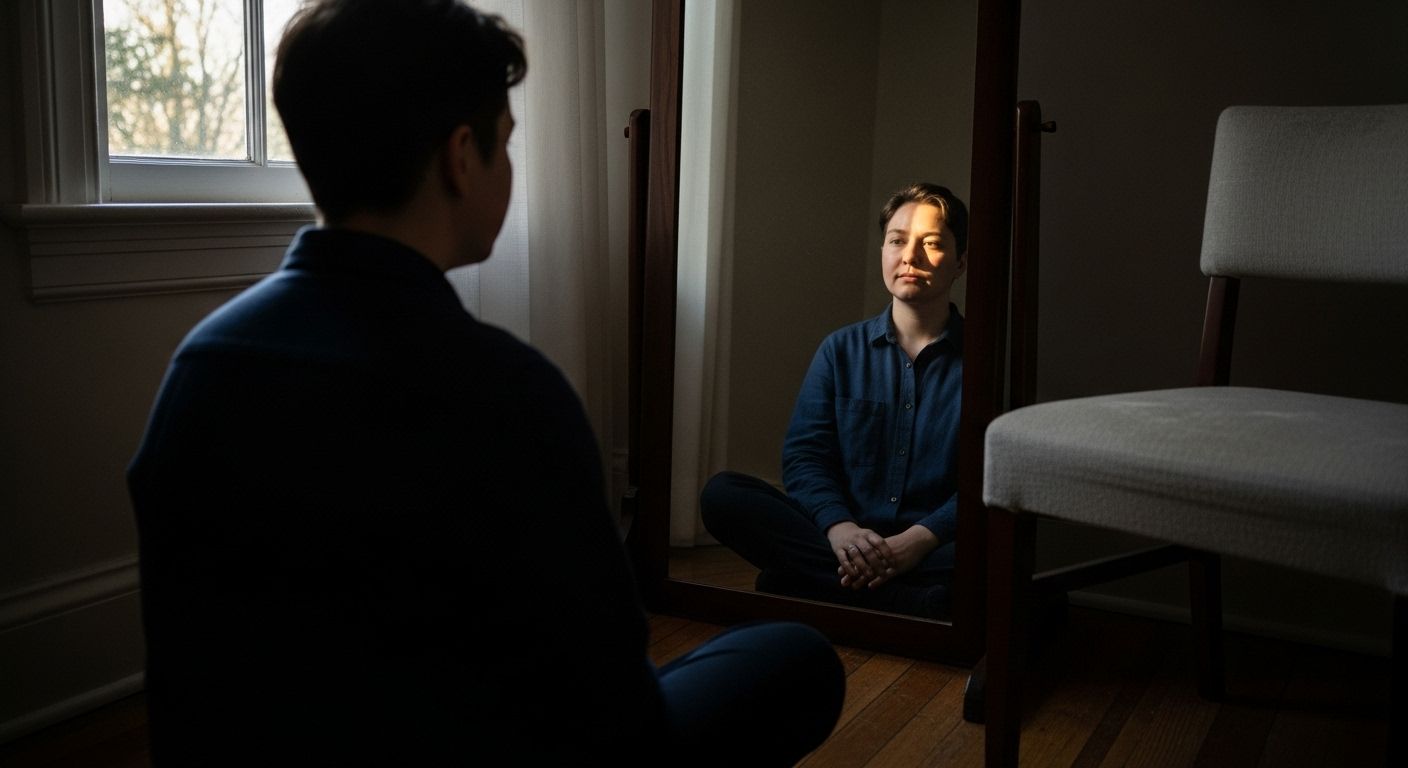 Mulher observando seu reflexo no espelho em ambiente iluminado pela luz natural, representando autoconhecimento e aceitação interior. Mulher observando seu reflexo no espelho em ambiente iluminado pela luz natural, representando autoconhecimento e aceitação interior.