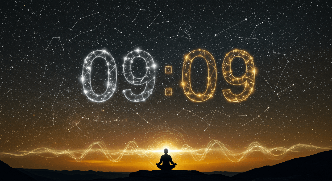 Pessoa medita sob um céu estrelado onde constelações formam 09:09 em luz dourada e prateada, simbolizando alinhamento espiritual e novos começos.
