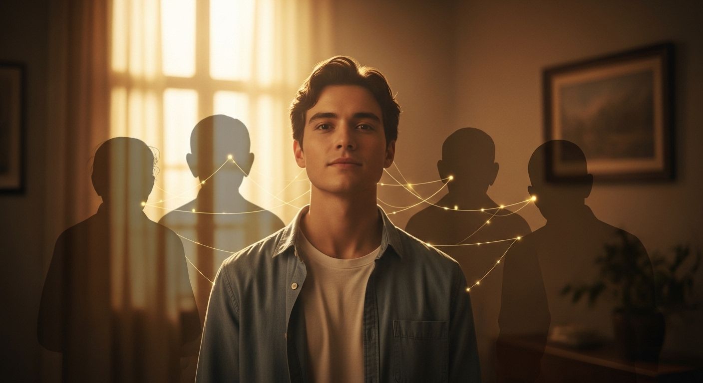 Homem jovem em pé em um ambiente iluminado por luz dourada entrando pela janela, com silhuetas de ancestrais atrás dele conectadas por fios de luz, simbolizando lealdades familiares invisíveis. Homem jovem em pé em um ambiente iluminado por luz dourada entrando pela janela, com silhuetas de ancestrais atrás dele conectadas por fios de luz, simbolizando lealdades familiares invisíveis.