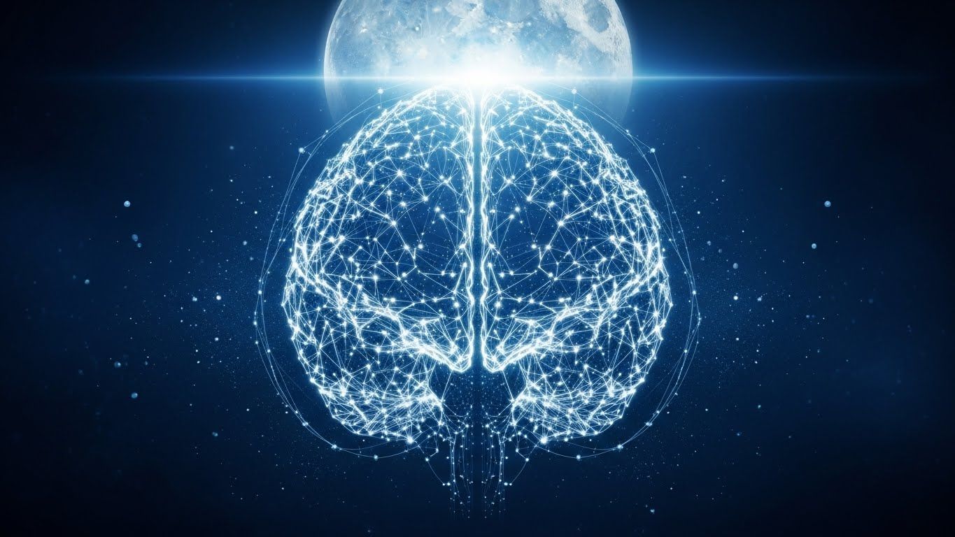 Representação luminosa de um cérebro formado por conexões brilhantes diante da superlua em um céu azul profundo.