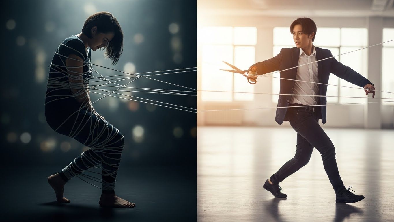 Cena dividida entre alguém preso por fios e outra pessoa cortando as amarras, simbolizando a escolha entre ser dominado pela raiva ou usá-la para libertação.