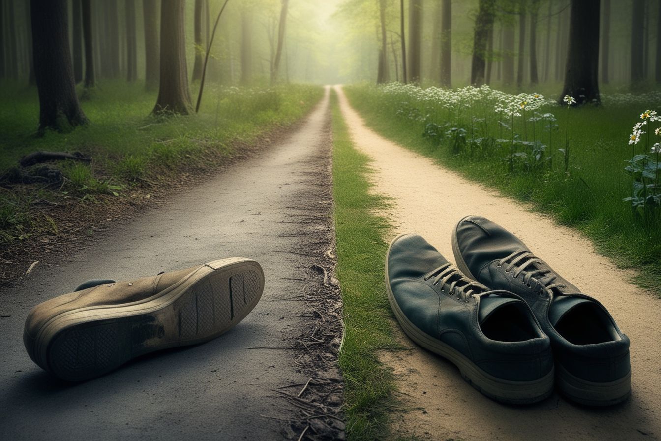 Tênis abandonados em uma bifurcação na floresta simbolizam a escolha entre seguir um caminho imposto ou retomar a própria direção. Tênis abandonados em uma bifurcação na floresta simbolizam a escolha entre seguir um caminho imposto ou retomar a própria direção.